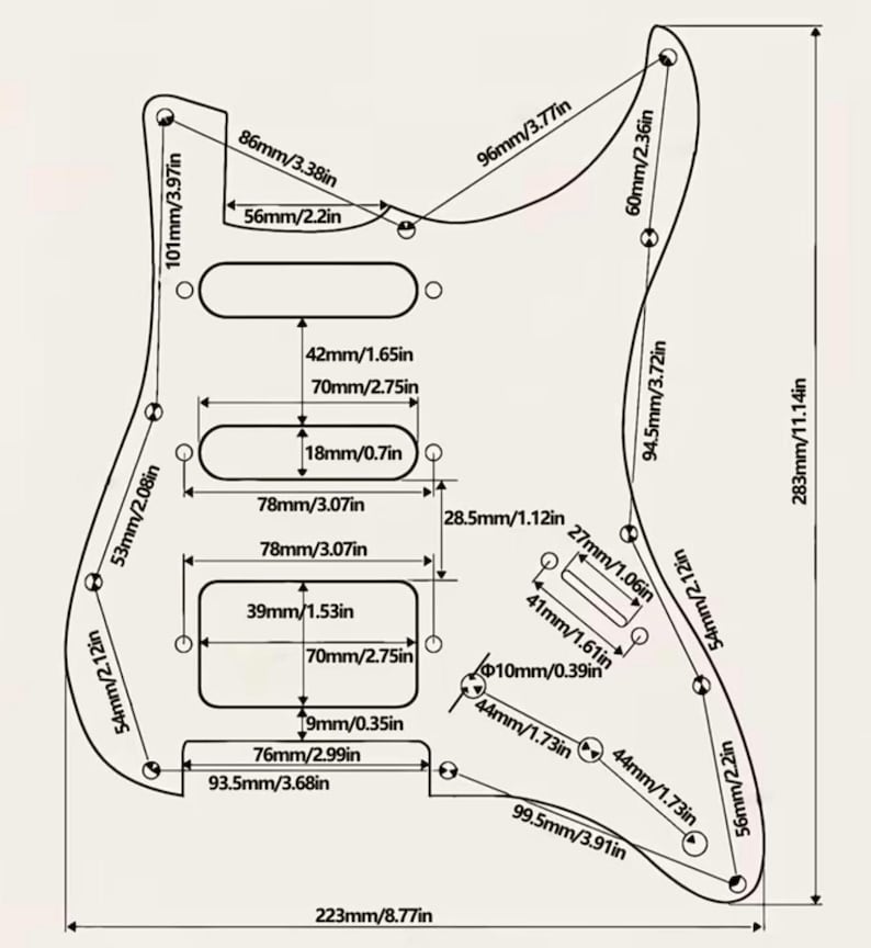 May include: A black and white technical line drawing of an electric guitar pickguard with multiple cutouts for pickups and controls. The diagram includes precise measurements in both millimeters and inches, detailing the spacing and dimensions.