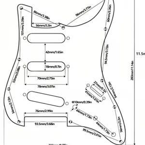 Puede incluir: Plantilla negra de golpeador de guitarra con medidas en mil&iacute;metros y pulgadas. La plantilla incluye recortes para pastillas, controles y tornillos de montaje. Las dimensiones est&aacute;n etiquetadas, incluida una longitud total de 223 mm.