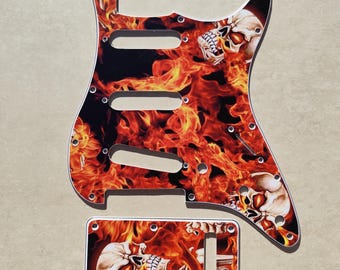 Fender Stratocaster Style Pickguard & Backplate – Flaming Skull Design | 3-Ply Scratchplate