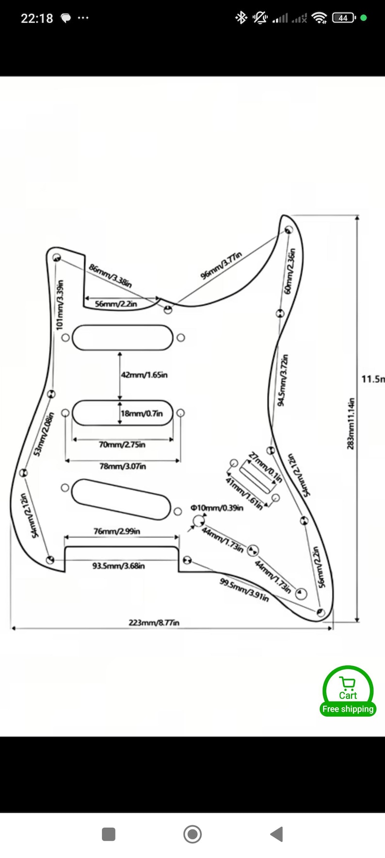 Puede incluir: Plantilla negra de golpeador de guitarra con medidas en mil&iacute;metros y pulgadas. La plantilla incluye recortes para pastillas, controles y tornillos de montaje. Las dimensiones est&aacute;n etiquetadas, incluida una longitud total de 223 mm.