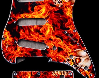 Golpeador y placa trasera estilo Fender Stratocaster, calavera en llamas, placa de protección de 3 capas