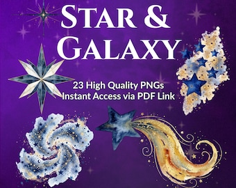 Paquete de imágenes prediseñadas PNG de estrellas y galaxias en acuarela / Pegatinas digitales celestiales (uso comercial)