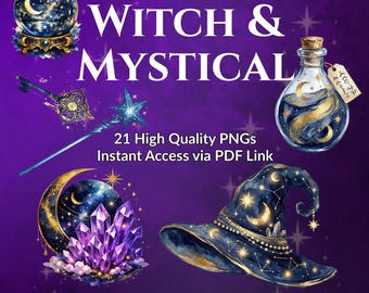 Paquete de imágenes prediseñadas místicas de brujas / Ilustraciones PNG en acuarela (uso comercial)