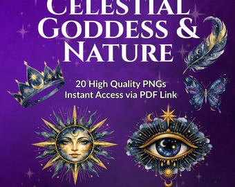 Imágenes prediseñadas de la naturaleza de la diosa celestial / 20 imágenes PNG en acuarela / Mariposa con corona de ojo turco estilo boho (uso comercial)