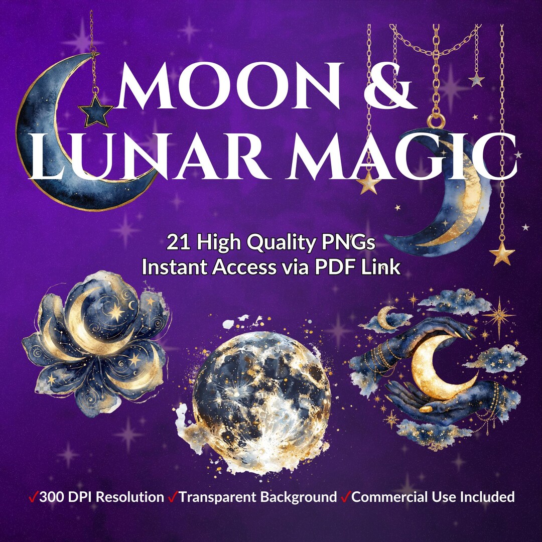 Moon & Lunar Magic Clipart Bundle | 21 Watercolor PNG | Navy Gold ...