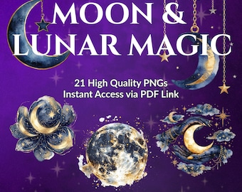 Paquete de imágenes prediseñadas de magia lunar / Ilustraciones celestiales en acuarela (descarga digital)