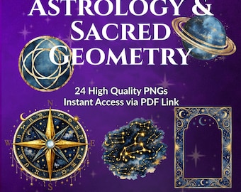 Imágenes prediseñadas de geometría sagrada astrológica / Zodiaco, Saturno y brújula en acuarela (descarga en PDF)