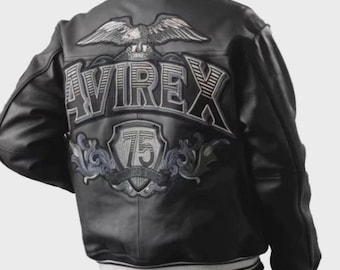 New Avirex 75 Aviator King Leather Jacket – Men’s Bomber Jacket 1975 Vintage Style, Streetwear Varsity Biker Jacket, Gift for Him