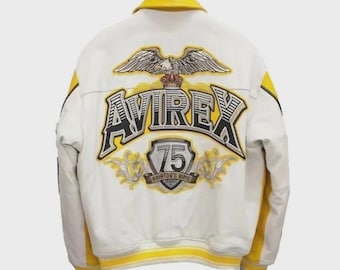 Avirex 75 White Yellow Leather Jacket – Aviator Wing Eagle Varsity Jacket, Men’s Vintage Streetwear Biker Jacket, Gift for Him