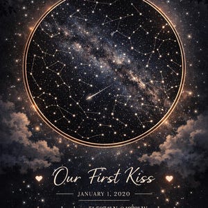 Op de afbeelding: Een hemels thema-afdruk met een cirkelvormige sterrenkaart met een gloeiende rand, tegen een donkere, sterrenhemel. De tekst "Our First Kiss" wordt weergegeven, samen met de datum 1 januari 2020 en de locatie, Londen.