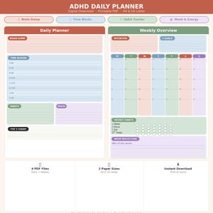 ADHD Daily Planner Printable | Brain Dump, Time Blocks, Habit Tracker (Digital Download)