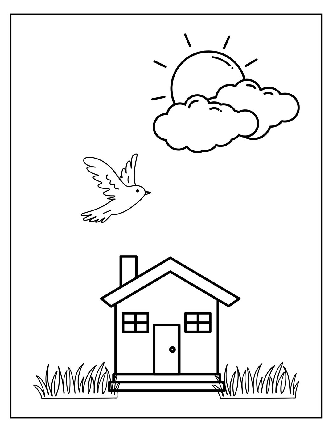 Partly Sunny Day Coloring Page | Printable House Bird Sky Scene ...