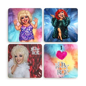 May include: Set of four square coasters featuring illustrations of a drag queen. One coaster has the text "I ❤️ RUBY ROX" with a pink heart. The other coasters feature illustrations of the drag queen in different outfits.