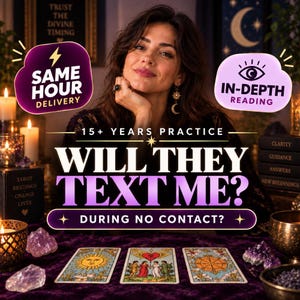 Könnte beinhalten: Eine Werbeanzeige für Tarot-Lesungen mit dem Text 15+ YEARS PRACTICE, WILL THEY TEXT ME? DURING NO CONTACT?, SAME HOUR DELIVERY und IN-DEPTH READING. Drei Tarotkarten liegen auf einem violetten Tuch neben brennenden Kerzen.