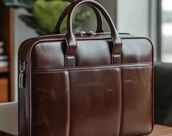 男性用パーソナライズレザーブリーフケース、フルグレインレザー製15インチノートパソコンバッグ、ハンドメイドワークバッグ、モノグラムオフィスバッグ