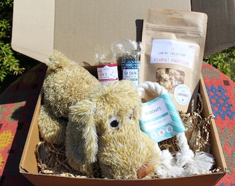 Personalised Dog Gift Box, Soft Toy, Rope Toy, Fish Treats, Peanut Butter Pupcorn.