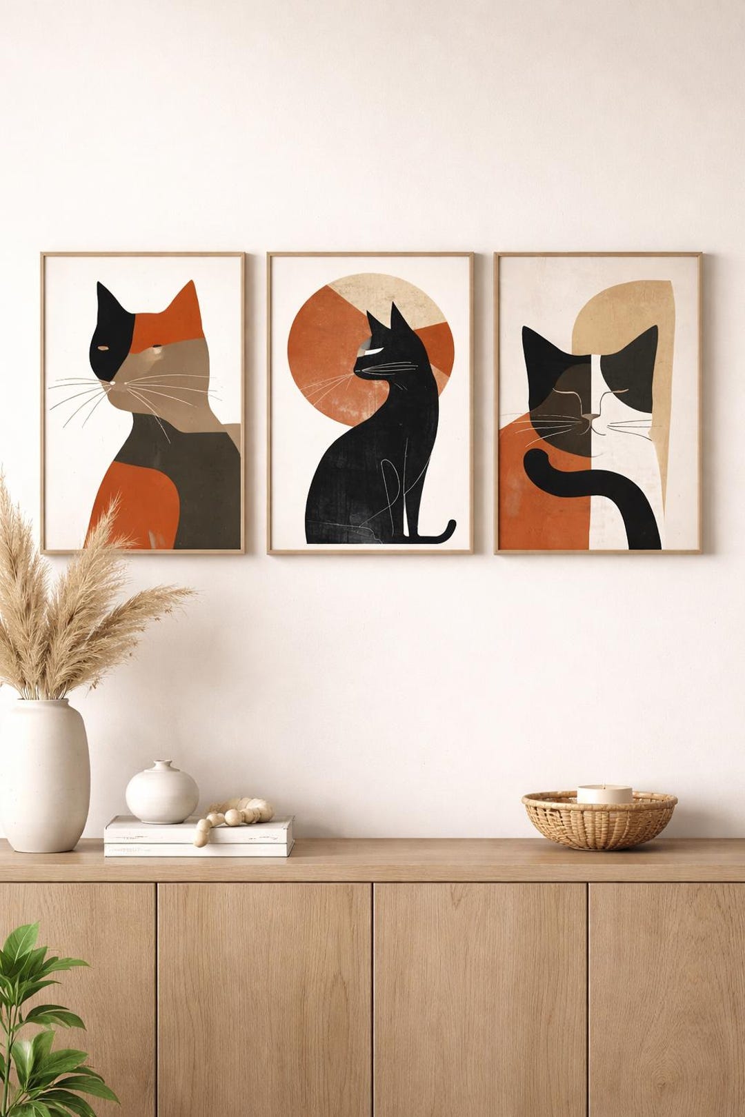 Minimalist Cat Wall Art Set of 3, Scandinavian Cat Print, Neutral Boho ...