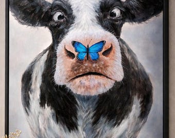 Kuh Acryl süß handgemalt | Tiergemälde mit Schmetterling | Bauernhof Wandbild Geschenk Nursery Farm Decor, Butterflie, cute cow Portrait
