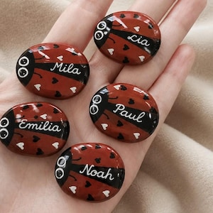 Op de afbeelding: Handgeschilderde lieveheersbeestjes stenen met namen: Mila, Emilia, Lia, Paul en Noah. Elke steen is rood met zwarte accenten, witte ogen en kleine hartjes. De namen zijn in witte letters geschreven.