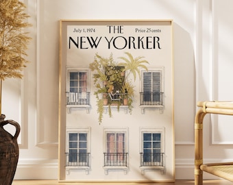Vintage-Poster mit Balkonmotiv einer New Yorker Wohnung, Druck einer lesenden Frau, Kunst aus der Stadt.