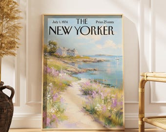 Vintage-Poster „New Yorker Küstenhaus“, Wandbild mit Wildblumen am Meer, Meereslandschaftsdruck, Strandhausdeko, Pastellfarbenes Küstenmotiv