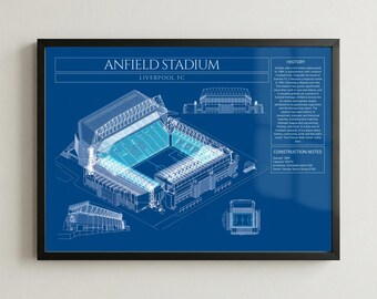 Liverpool Football Stadium Blueprint Framed Print, Modern Soccer Wall Art