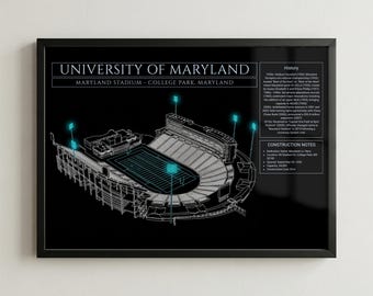 Maryland Football Stadium Blueprint Framed Print, College Stadium Wall Art