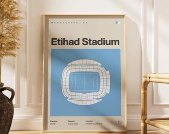 Manchester City Etihad Stadium Print, Mid Century Modern Soccer Poster (Digital Download)