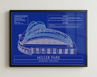 Milwaukee Baseball Stadium Blueprint Framed Print, Modern Ballpark Wall Art