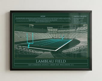 Green Bay Football Stadium Blueprint Framed Print, Modern Stadium Wall Art
