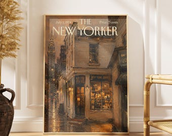 Vintage-Poster eines New Yorker Cafés, gemütliches Wandbild eines NYC-Cafés, Druck einer regnerischen New Yorker Straße, Dekor des Chrysler Buildings, Magazincover-Stil