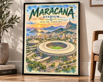 Maracanã Stadium Poster, Rio de Janeiro Soccer Stadium Print, Vintage Football Wall Art, Brazil Sports Illustration