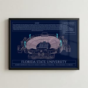 May include: A framed architectural print of Florida State University's Bobby Bowden Field at Doak Campbell Stadium. The dark blue background features a white line drawing of the stadium, historical text, and construction notes in white font.