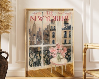 Vintage-Poster mit Fensteransicht aus dem New Yorker Magazin, Wandbild mit Empire State Building, Druck einer gemütlichen Manhattan-Wohnung, florales NYC-Magazin-Cover