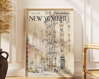 Vintage New Yorker Brownstone Poster | Chrysler Building Wall Art | Historic New York Street Watercolor Print