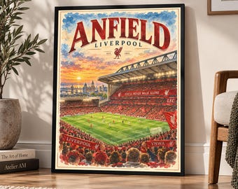 Anfield Vintage Poster, Retro Football Stadium Wall Art, Liverpool FC Decor, Soccer Gift, Classic Travel-Style Illustration