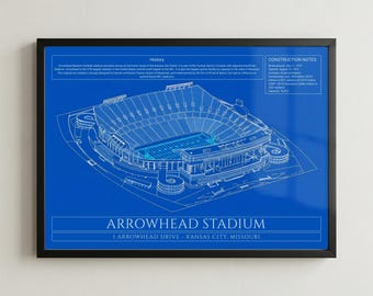 Kansas City Football Stadium Blueprint Framed Print, Modern Stadium Wall Art