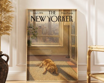 Vintage-Poster mit Golden Retriever aus New York, Wandbild mit Blick auf eine Wohnung in NYC, Fensterbild im Empire State Building, Deko für Hundeliebhaber, Magazincover