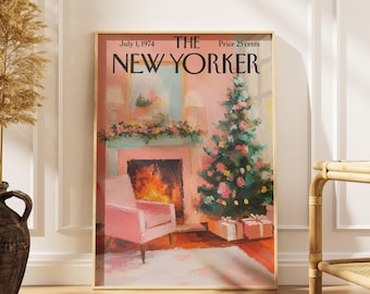 Vintage-Weihnachtsposter aus dem New Yorker, rosafarbener Kamin-Print