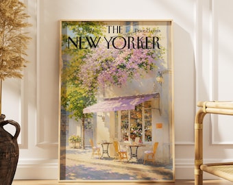 Vintage-Poster eines New Yorker Pariser Cafés, Wandbild für ein blühendes Bistro, Druck einer französischen Straße, florale Café-Dekoration, Frühlingsmotiv für ein Café