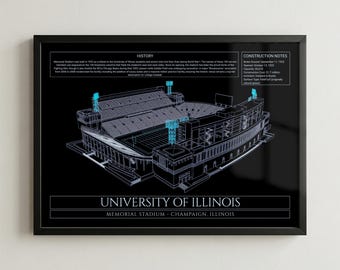 Illinois Football Stadium Blueprint Framed Print, College Stadium Wall Art