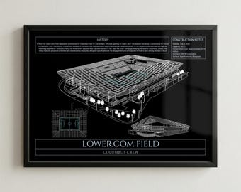 Columbus Soccer Stadium Blueprint Framed Print, Modern Stadium Wall Art Decor