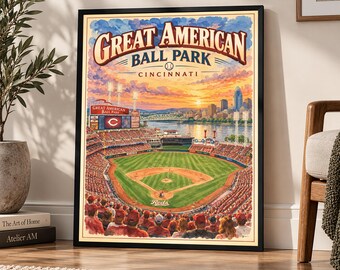 Great American Ball Park Vintage Poster, Cincinnati Reds Retro Ballpark Art, Baseball Stadium Wall Decor