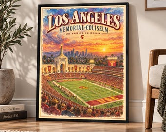 Los Angeles Memorial Coliseum Poster, USC Football Stadium Art, Vintage Los Angeles Sports Print, Trojans Wall Decor