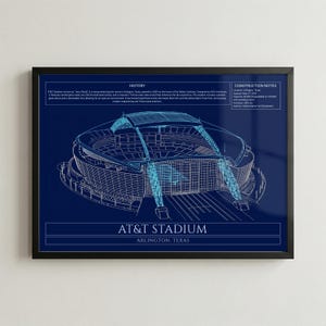 May include: A framed architectural blueprint print of AT&T Stadium in Arlington, Texas. The design features a light blue wireframe illustration of the stadium on a dark blue background, with text detailing history and construction notes.