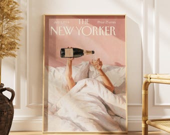 Vintage-Champagnerposter aus dem New Yorker Magazin, gemütliches Wandbild fürs Bett, rosa Schlafzimmerdeko, Selbstfürsorge-Print, romantisches Magazincover