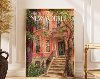 Vintage New Yorker Brownstone Poster, New York Townhouse Wall Art, NYC Brownstone Print, Histor
