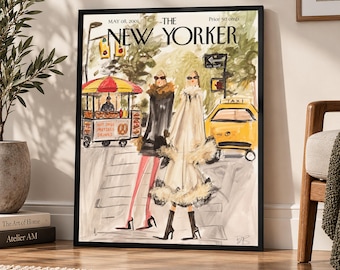 Vintage New Yorker NYC Fashion Poster, New York Street Style Wall Art, Yellow Taxi Print, Chic Fashion Magazine Cover, City Decor