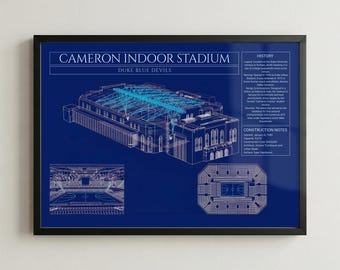 Cameron Indoor Stadium Blueprint Framed Print, College Basketball Arena Wall Art