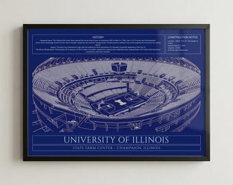 Illinois Football Stadium Blueprint Framed Print, College Stadium Wall Art